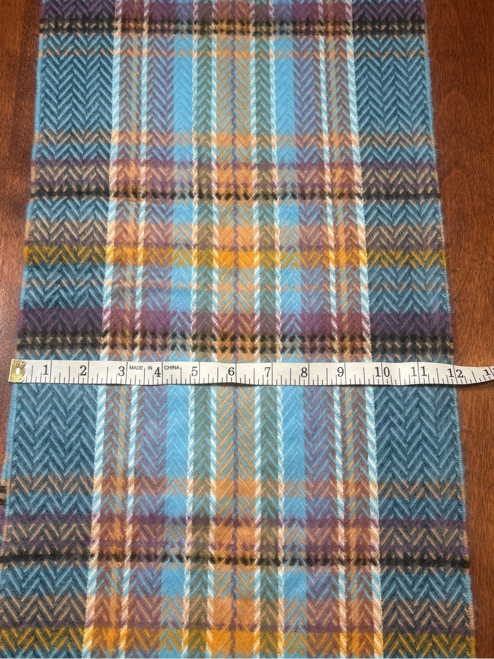 croft & barrow teal, light blue, mustard, purple plaid fringe scarf
